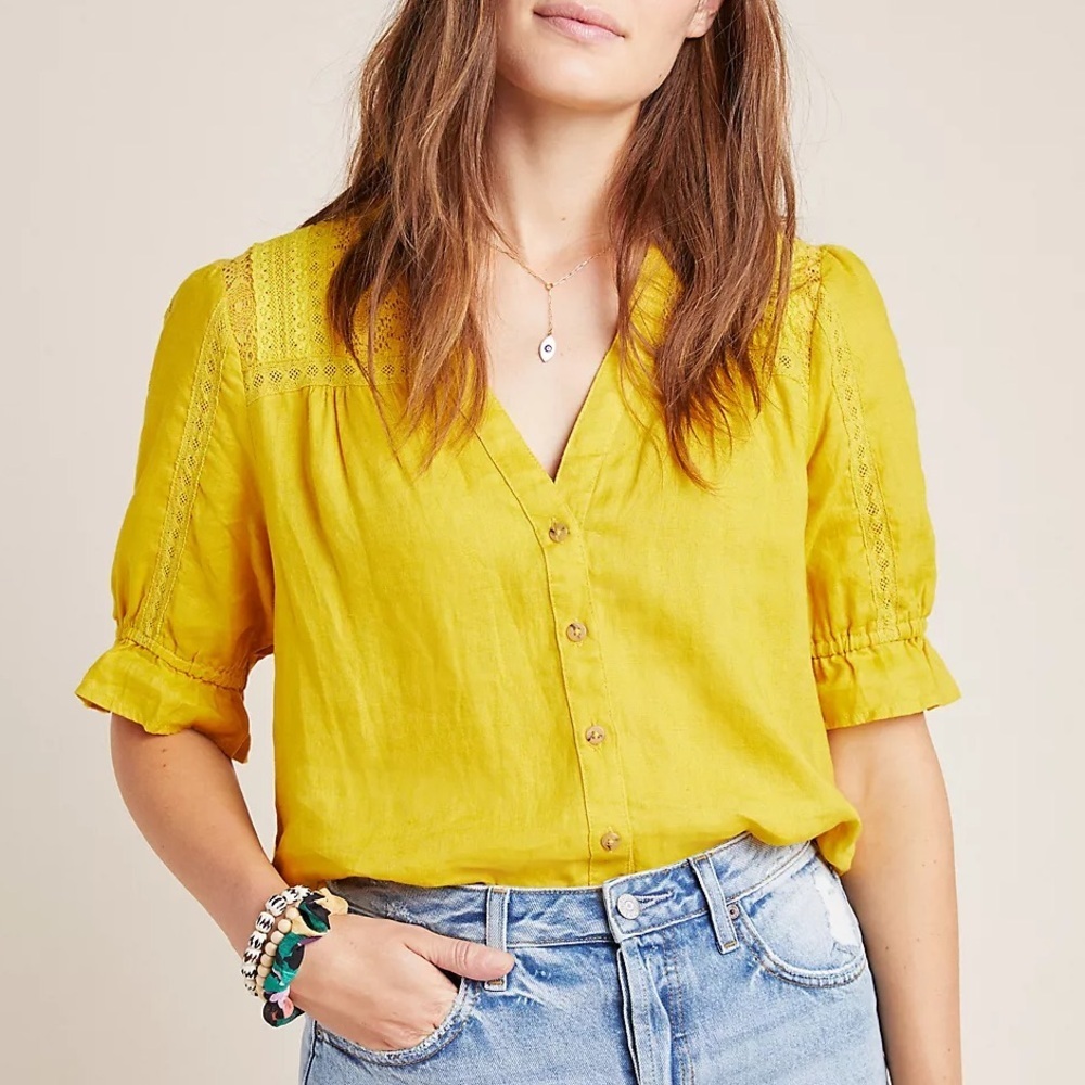 Anthropologie Maeve Magritte Linen Puff Sleeve Blouse Size 2 Small Yellow